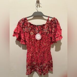 Umgee - Floral Red Off-Shoulder Romper - Size Small